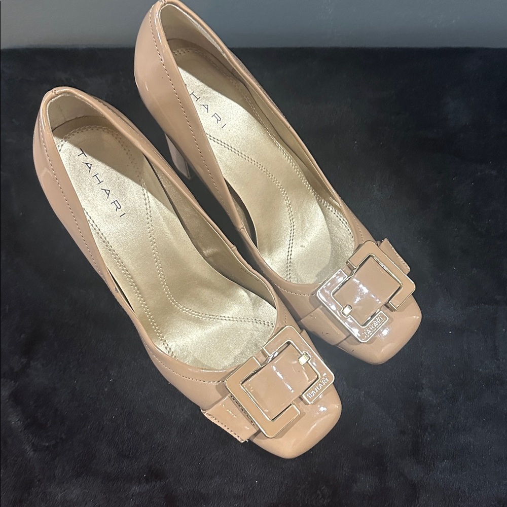 Tahari Beige Patent Leather Pumps with Square Buckle